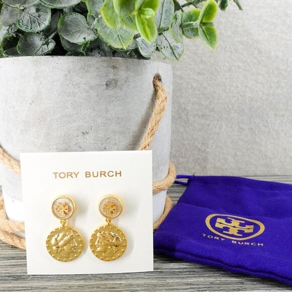 Tory Burch Mother of Pearl Logo Coin Medallion Drop Earrings New Ivory/Tory Gold - Picture 5 of 12